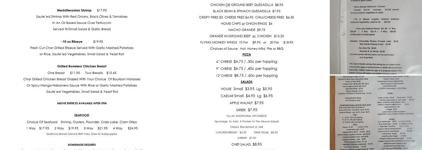 Monkey Bar & Grill Menu