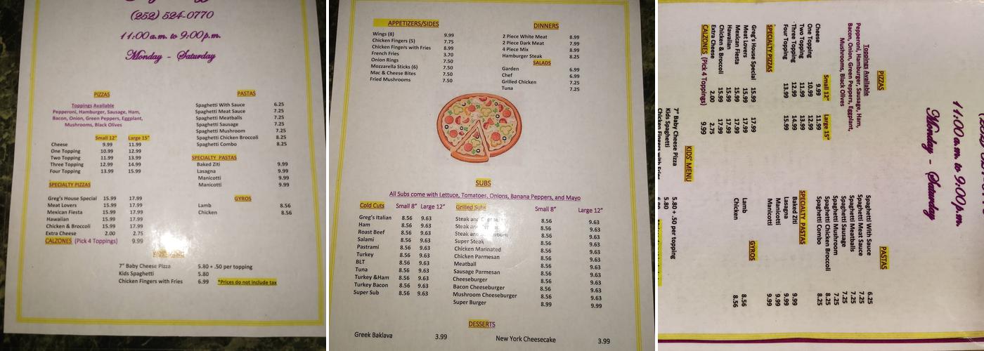 Greg's Pizza Menu