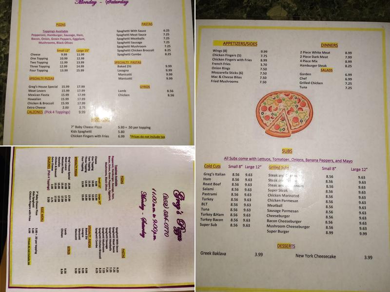 Greg's Pizza Menu