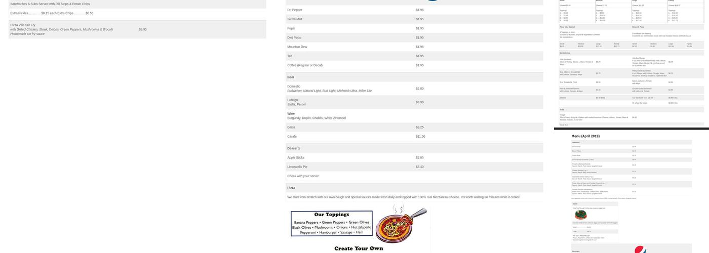 Pizza Villa Menu