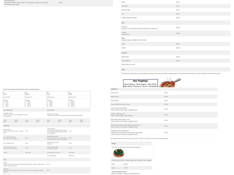 Pizza Villa Menu