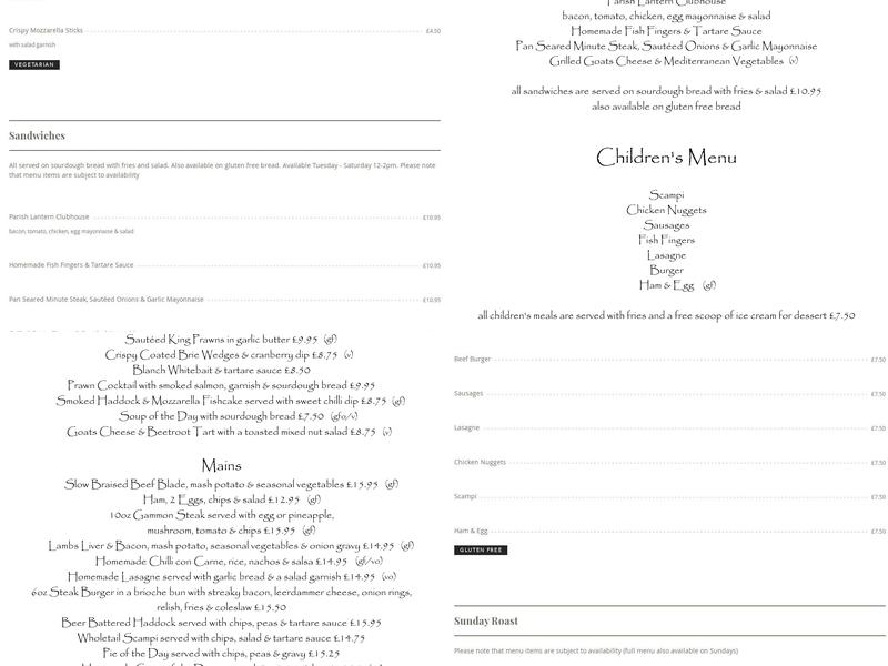 The Parish Lantern Menu