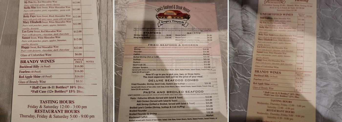 Lane's Seafood and Steak House Menu