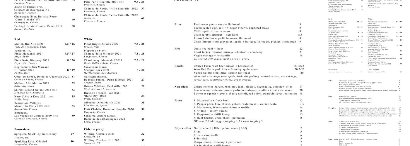 The Dog and Gun Menu