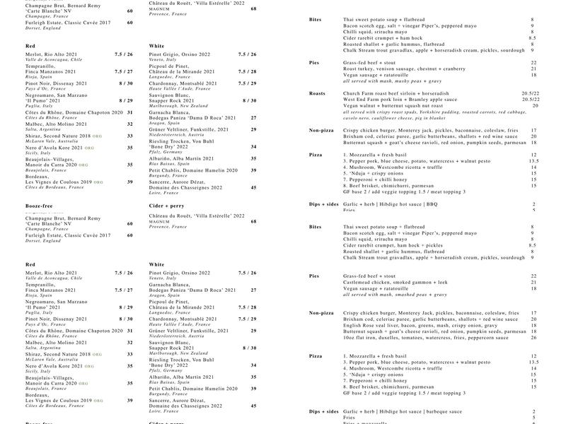 The Dog and Gun Menu