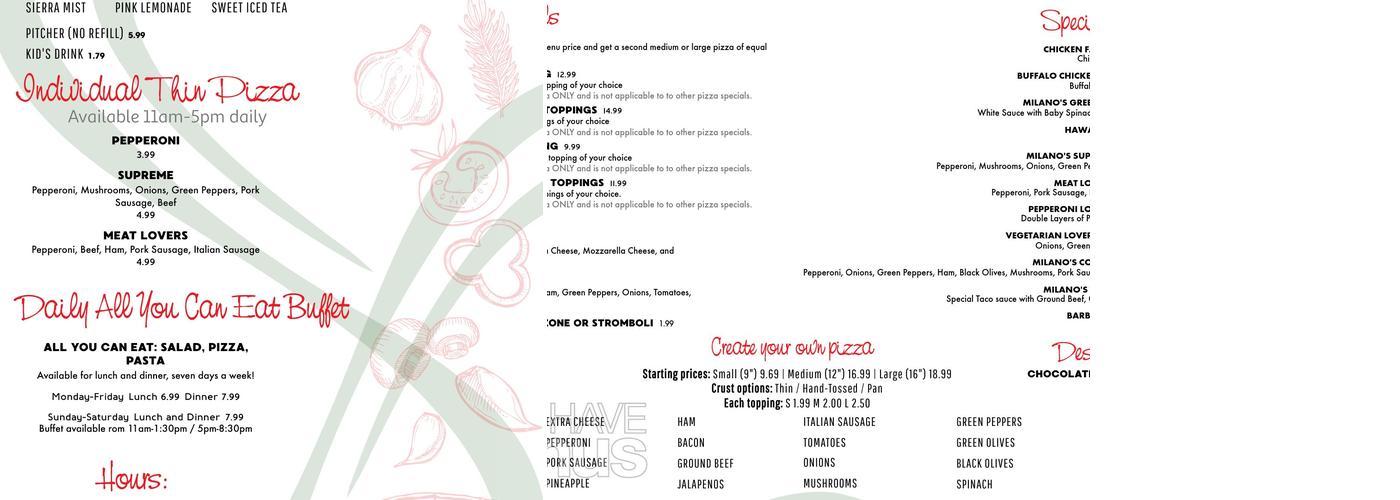 Milano Pizza Menu