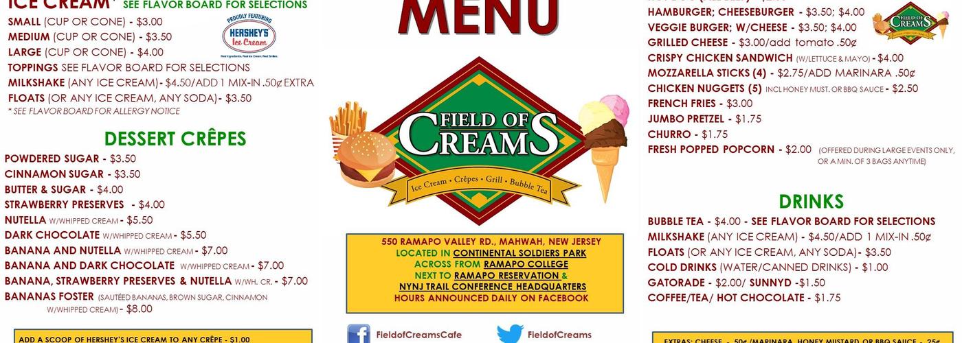 Field of Creams Cafe Menu