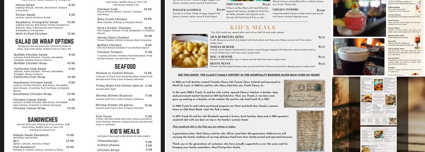Clancy's Irish Pub Menu