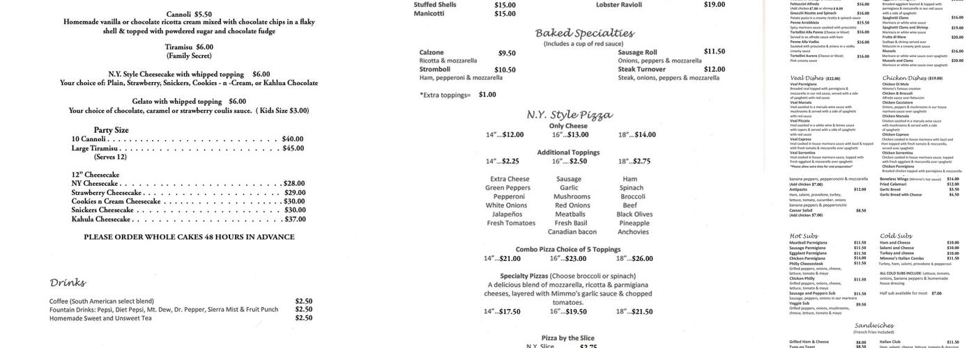 Mimmo's Pizza -n- Pasta Menu