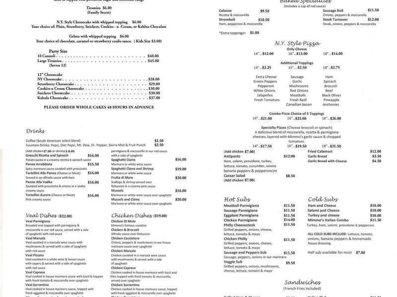 Mimmo's Pizza -n- Pasta Menu