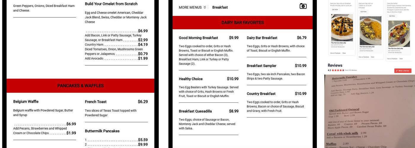 Fairview Dairy Bar Menu