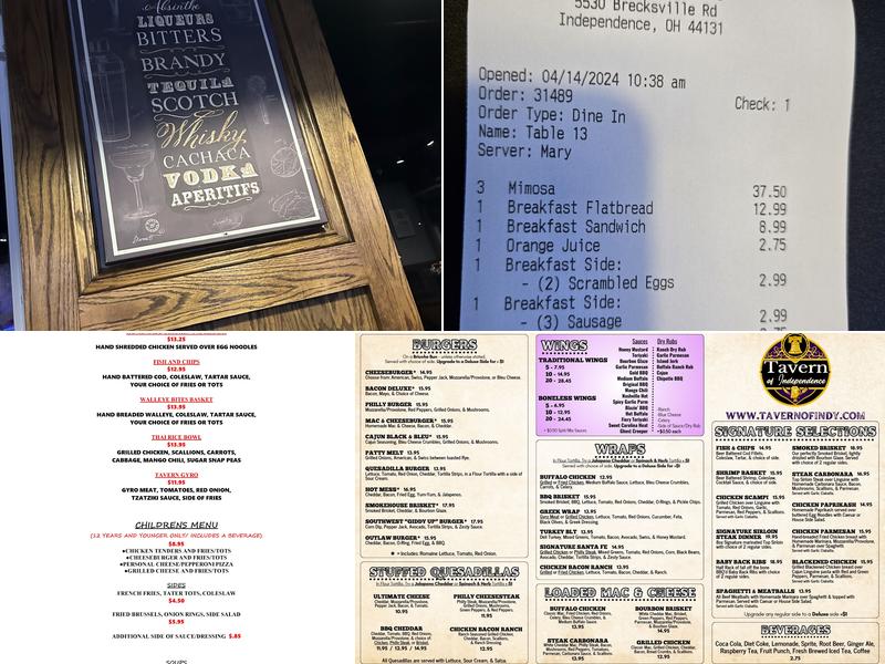 Tavern of Independence Menu