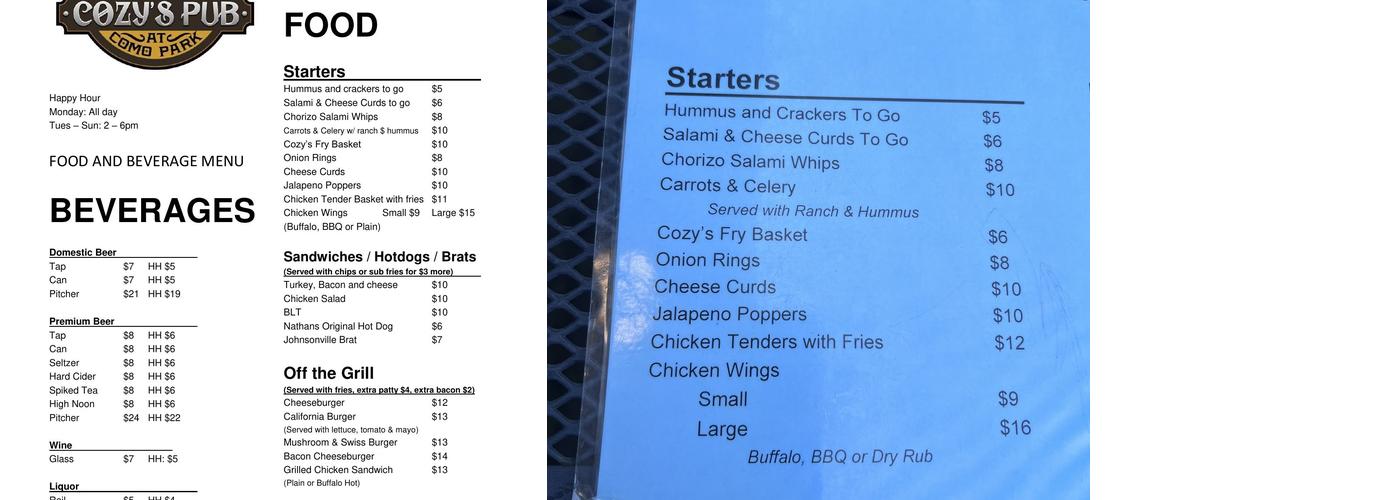 Cozy's Pub Menu
