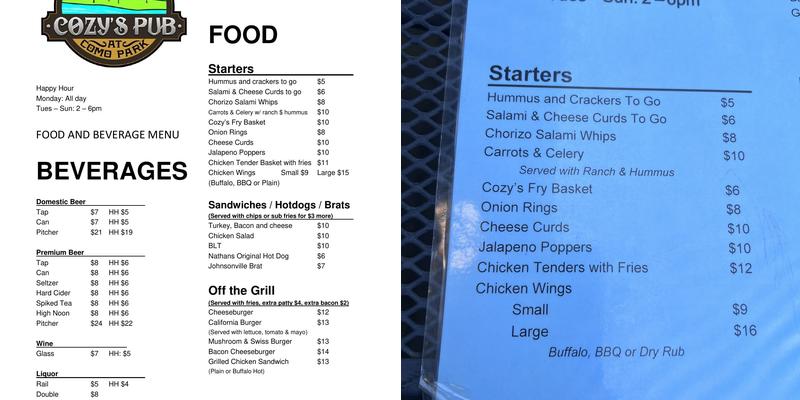 Cozy's Pub Menu