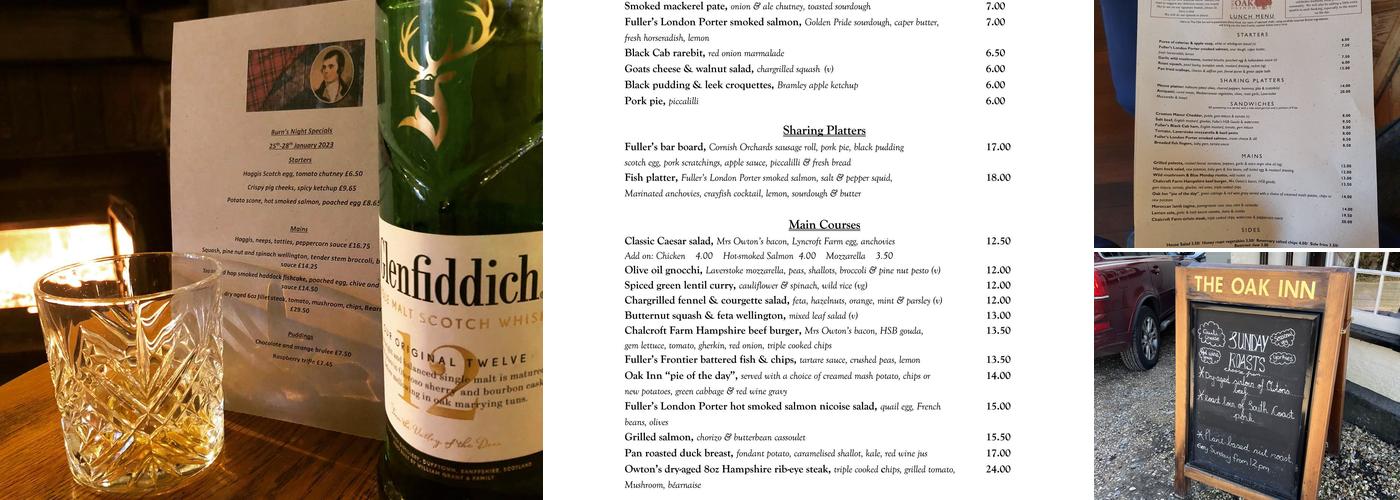 The Oak Inn, Lyndhurst Menu