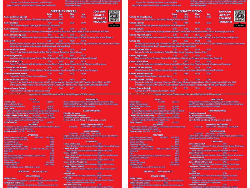 Cameo Pizza Menu