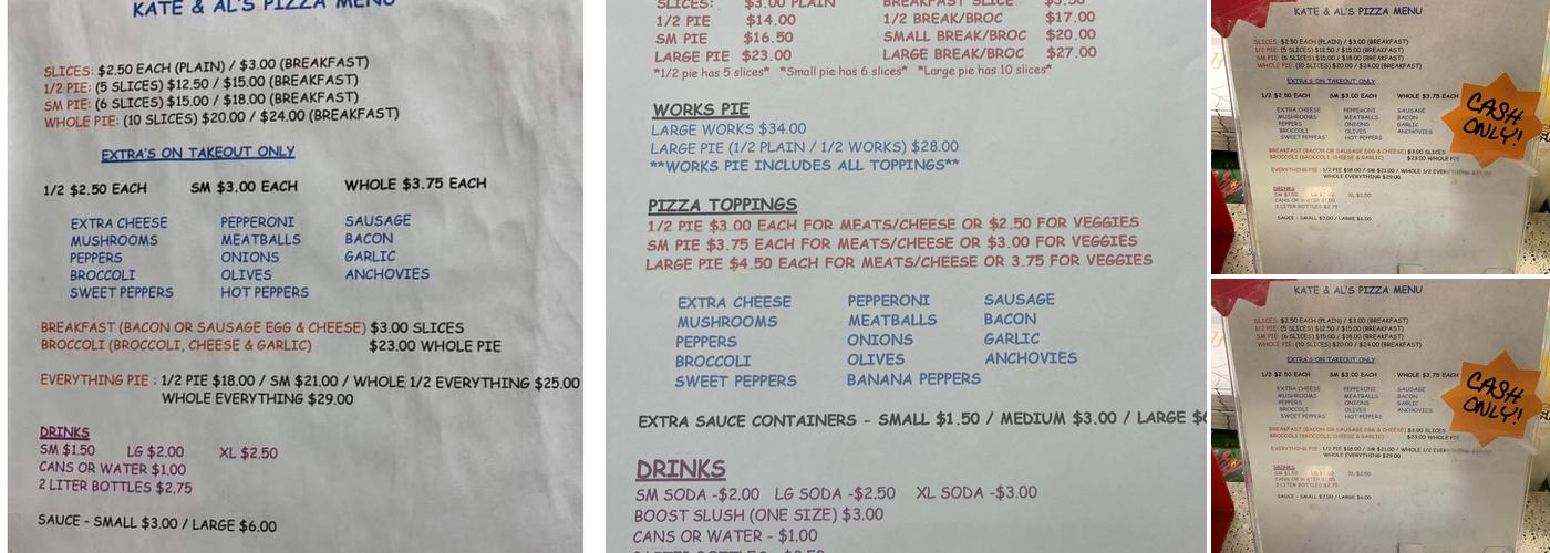 Kate & Al's Pizza Menu