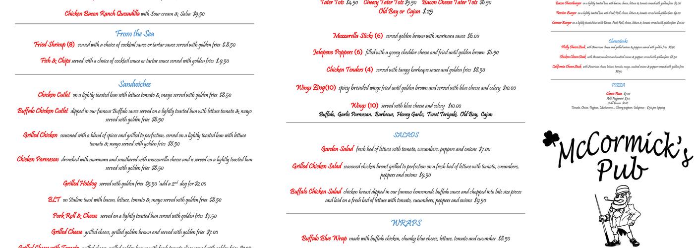 McCormick's Pub Menu