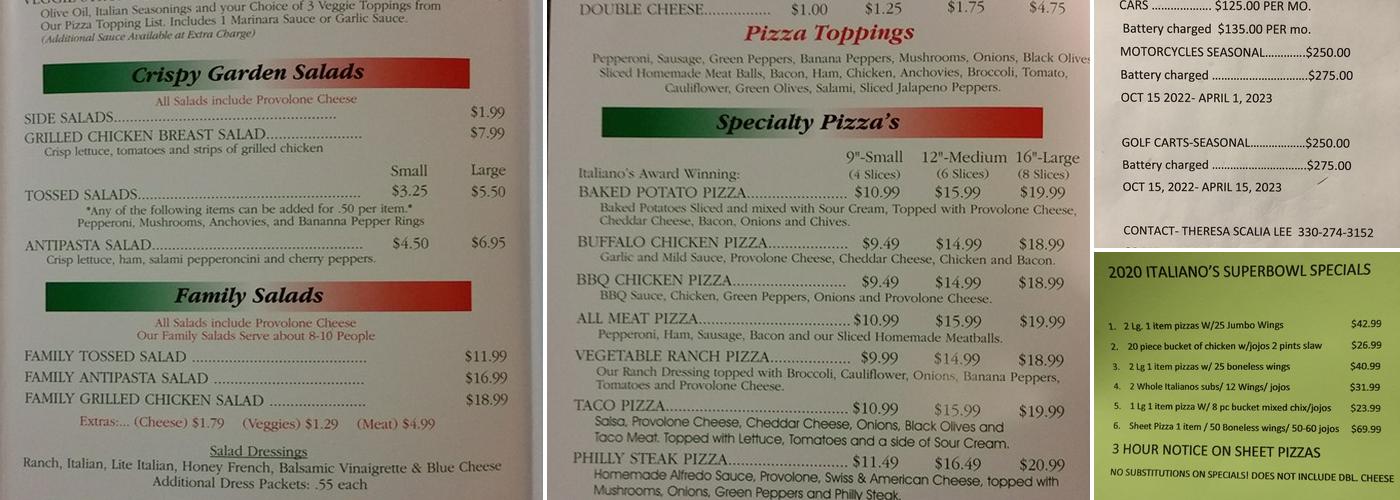 Italiano's Pizzaria And catering Menu