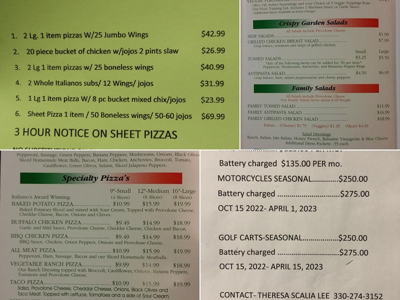 Italiano's Pizzaria And catering Menu