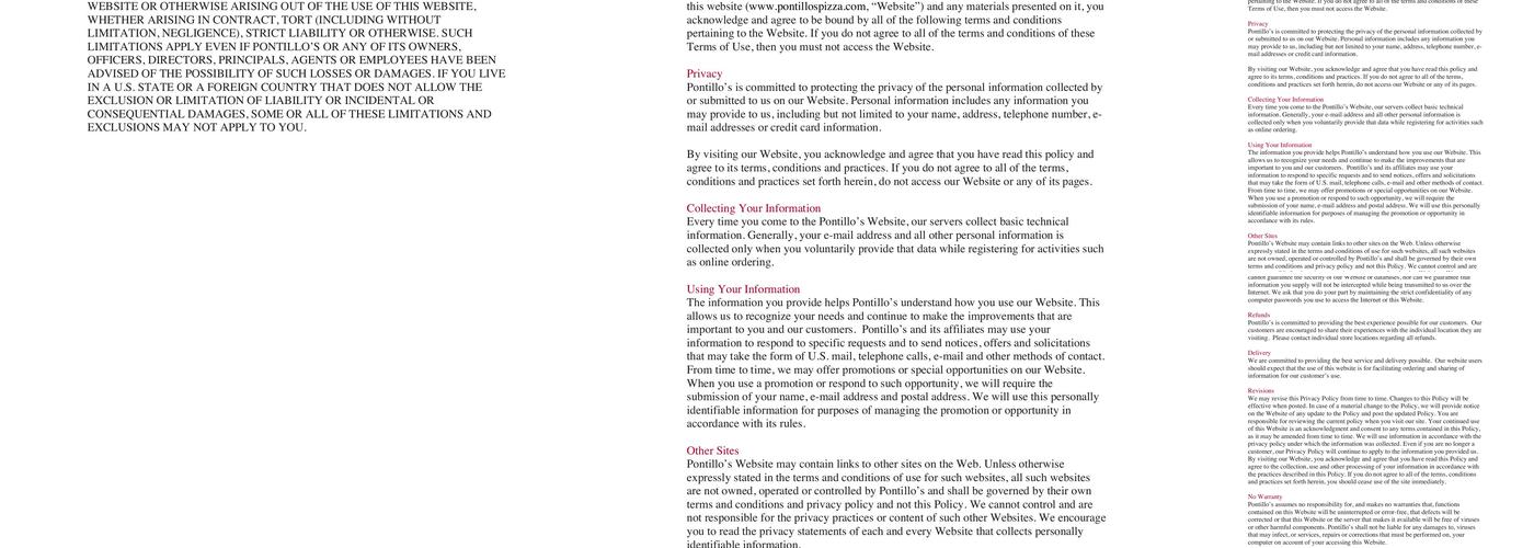 Pontillo's Pizzerias Menu