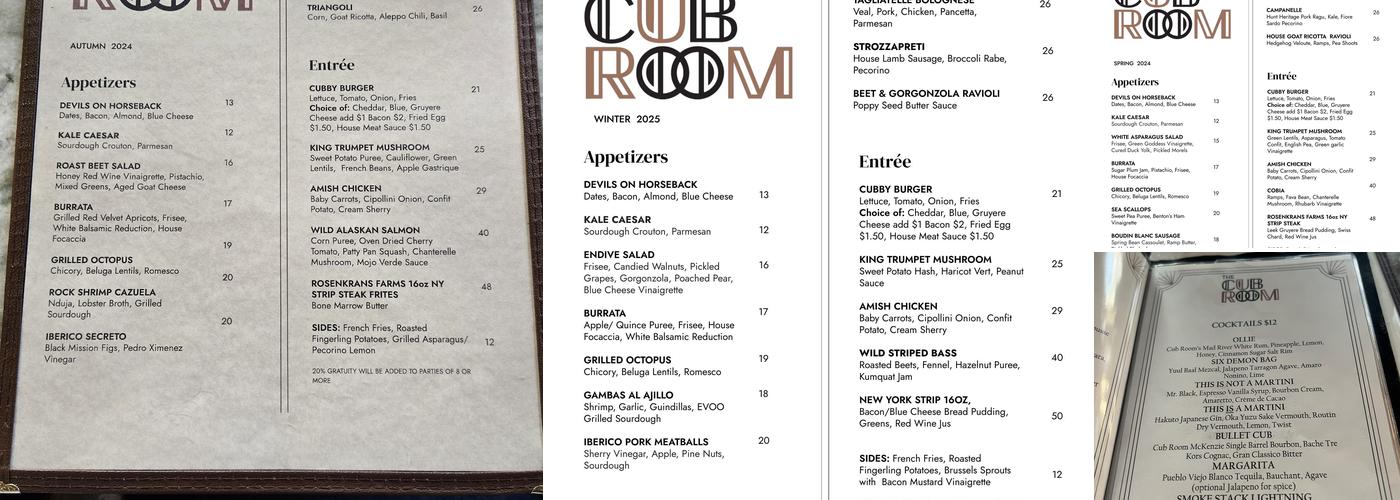 The Cub Room Menu