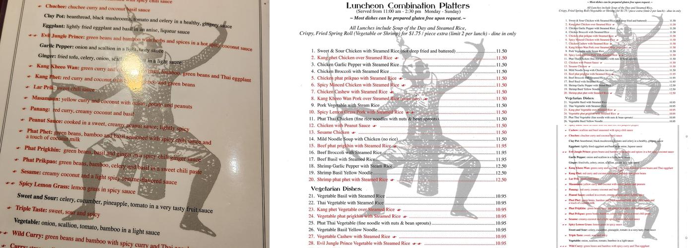 The KING AND I Cuisine of Thailand Menu