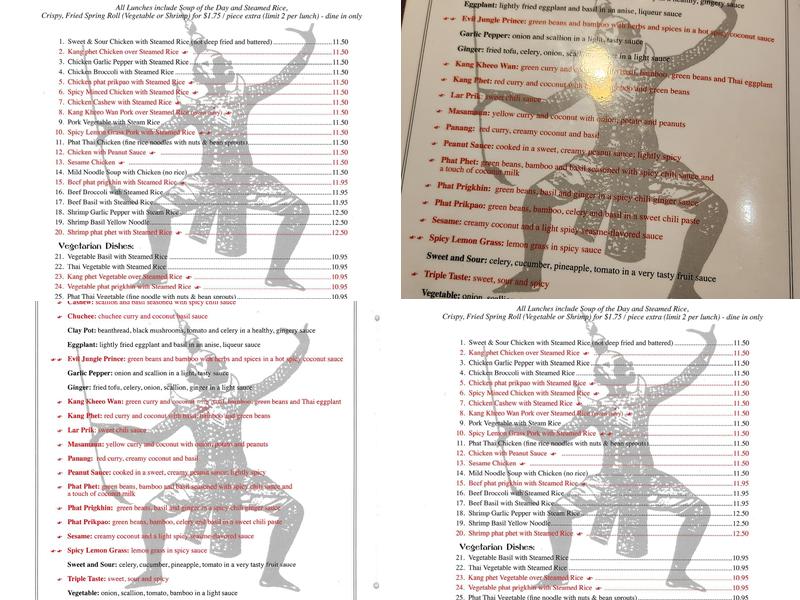 The KING AND I Cuisine of Thailand Menu