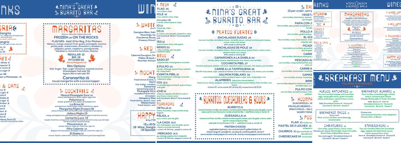 Nina’s Great Burrito Bar Menu