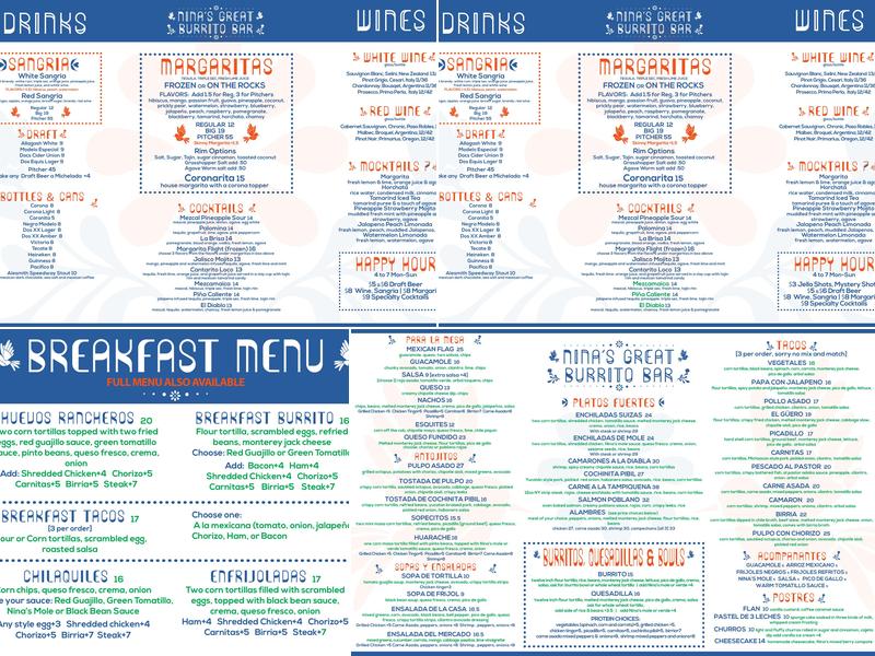 Nina’s Great Burrito Bar Menu