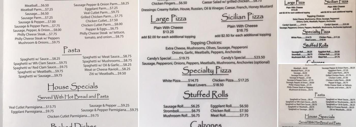 Candy's Pizza Menu