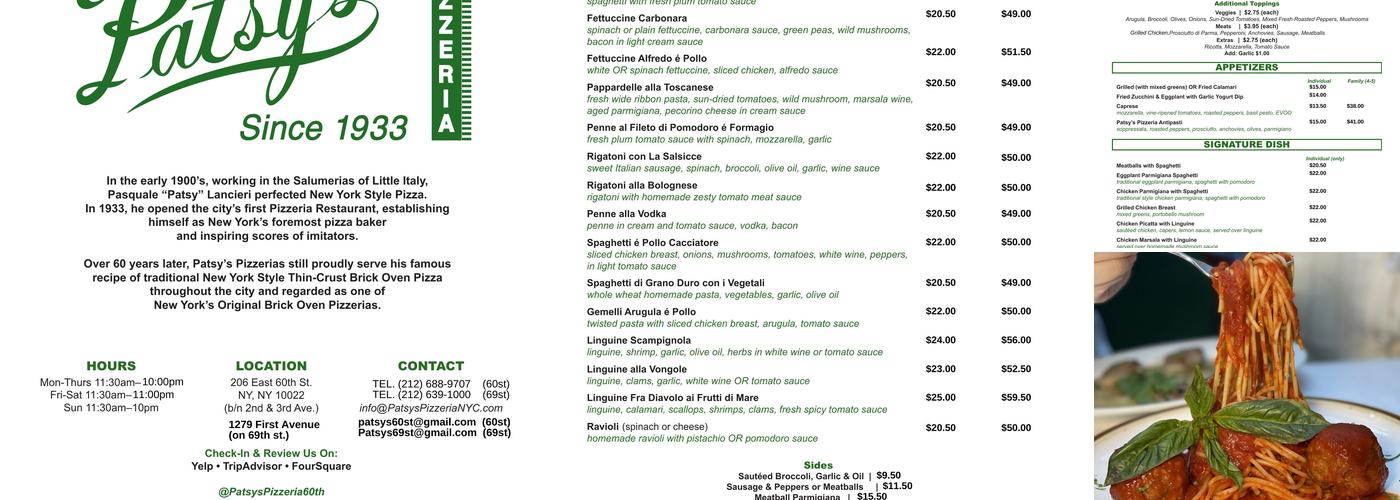 Patsy's Pizzeria Menu