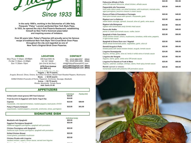 Patsy's Pizzeria Menu