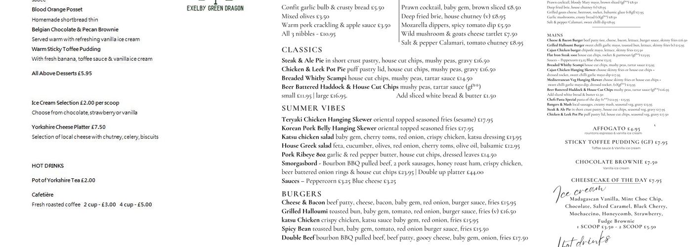 Exelby Green Dragon Menu