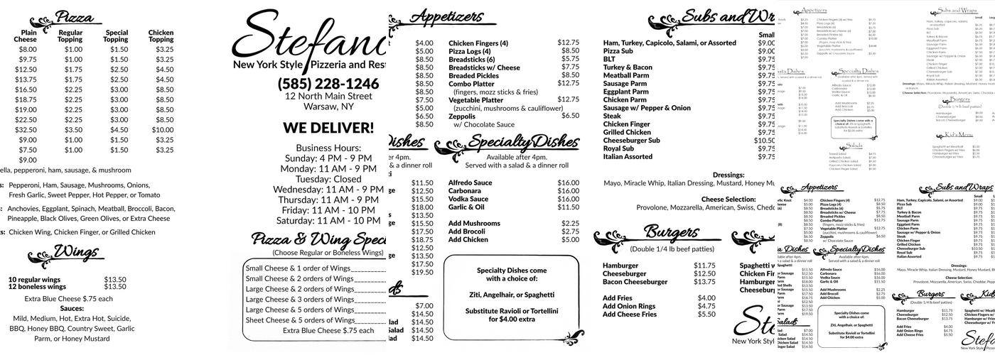 Stefano's Pizzeria (New York Style) Menu