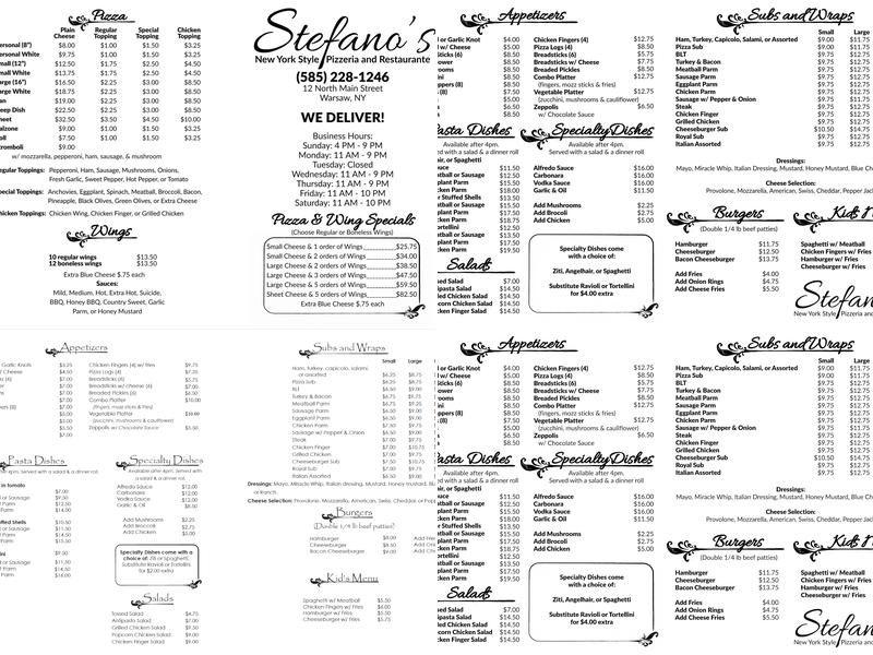 Stefano's Pizzeria (New York Style) Menu