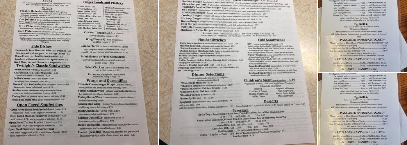 Twilight Meadows Menu