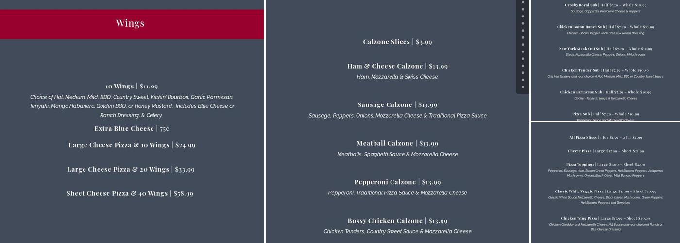 Crosby's - Kendall Menu