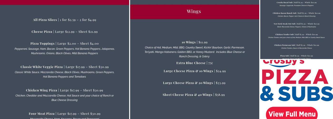 Crosby's - Sardinia Menu