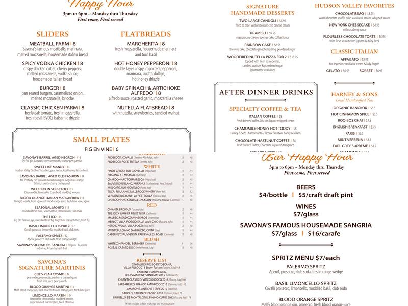 Savona's Trattoria & Bar - Kingston Menu
