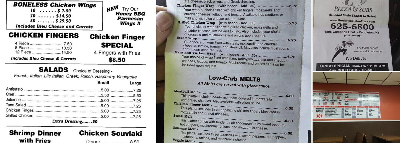 Fred's Pendleton Pizza Inc Menu
