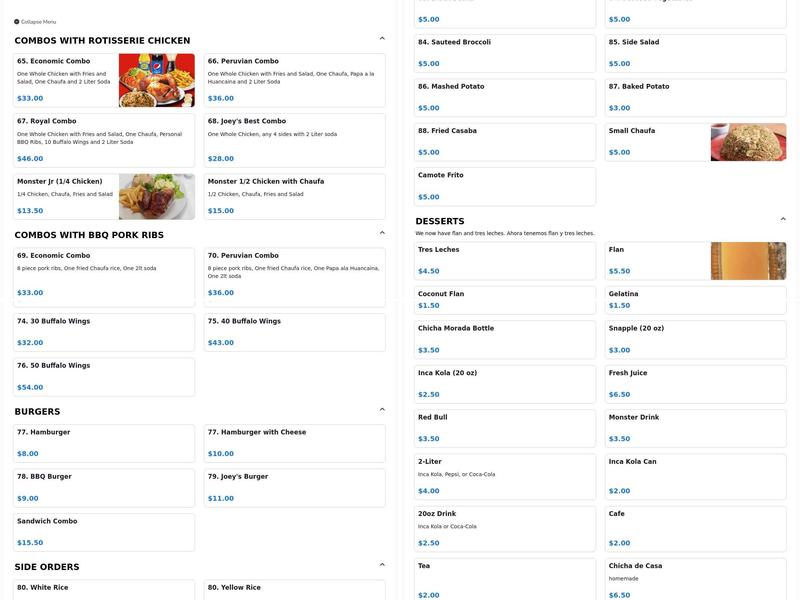 Joey's Peruvian Cuisine and Grill Menu