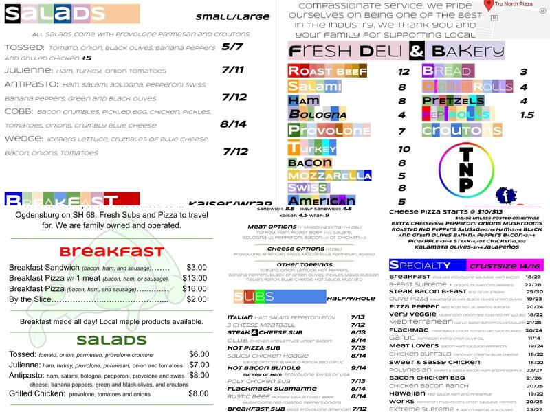 Tru North Pizza Menu