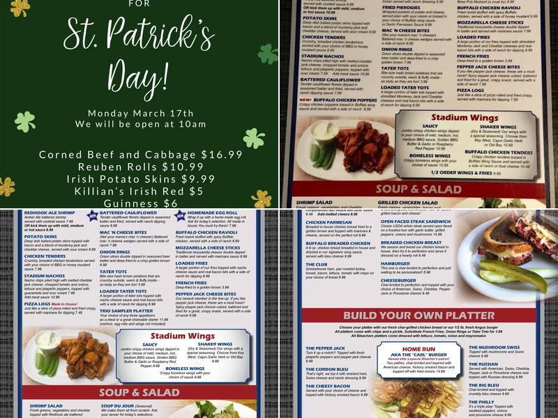 Bleachers Sports Bar and Grill Menu