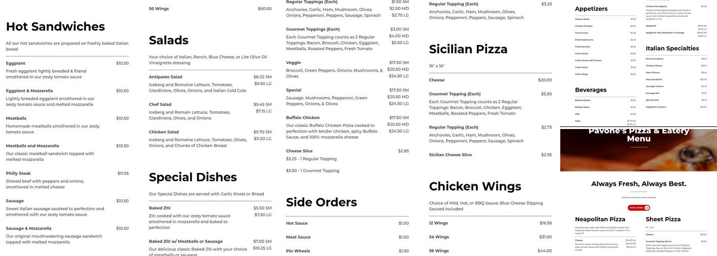 Pavone's Pizza Menu