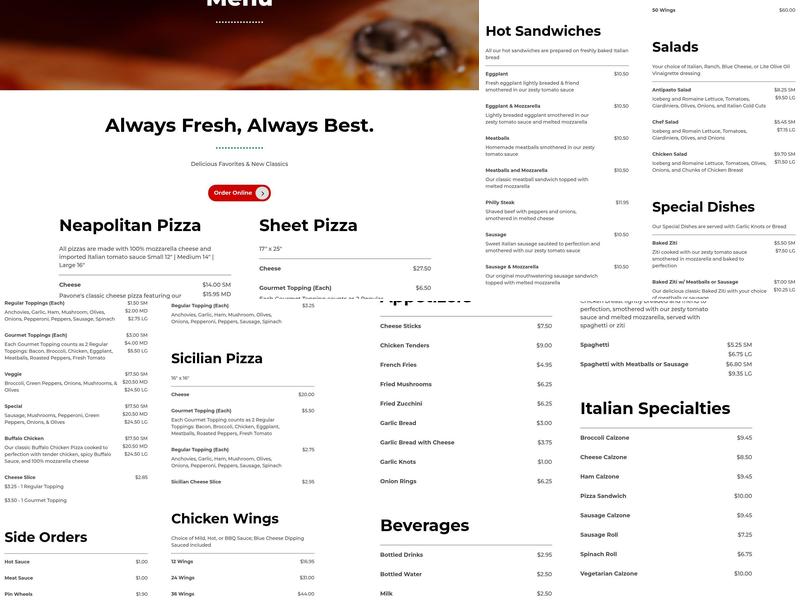 Pavone's Pizza Menu