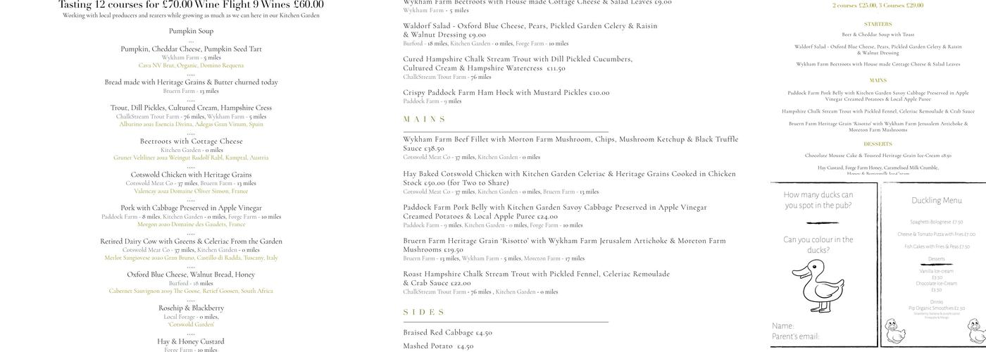 The Duck on the Pond Menu