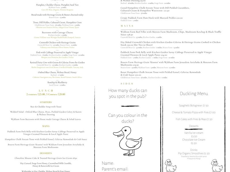 The Duck on the Pond Menu