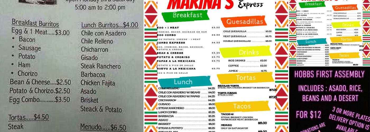 Marina’s Burrito Express Menu