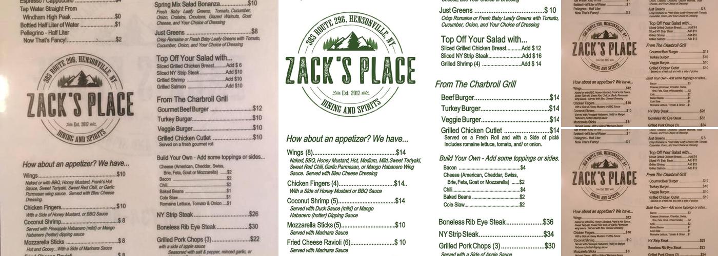 Zack's Place Menu